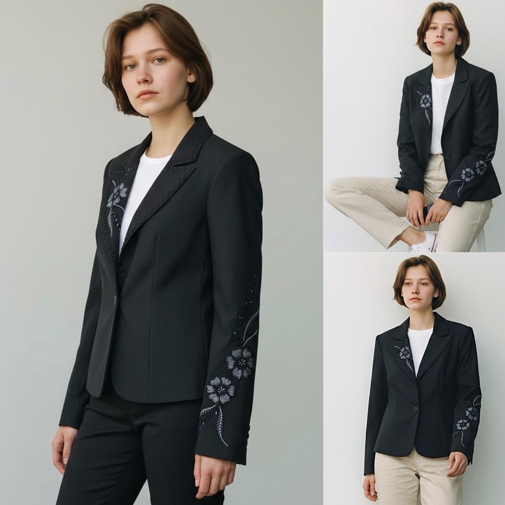 CACHE Floral Beaded Embroidered Blazer Jacket Single Button Long Sleeve Notched